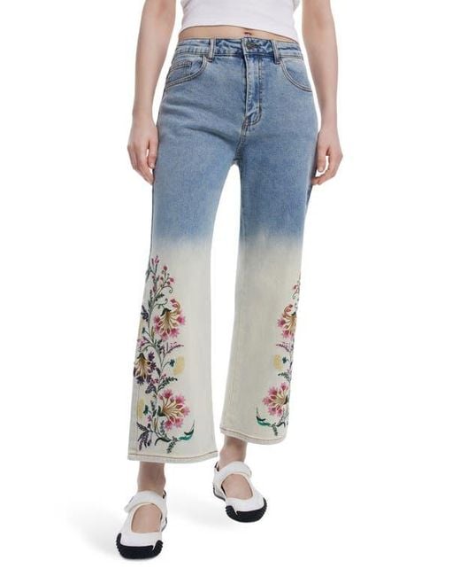 Desigual Blue Floral Embroidery Ombré Crop Wide Leg Jeans