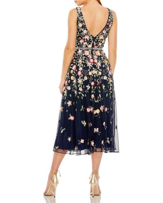 Mac Duggal Blue V-Neck Sleeveless Midi Floral Beaded A-Line Dress