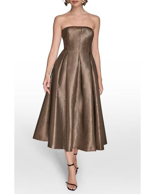Donna Karan Brown Metallic Pleated Strapless Fit & Flare Cocktail Dress