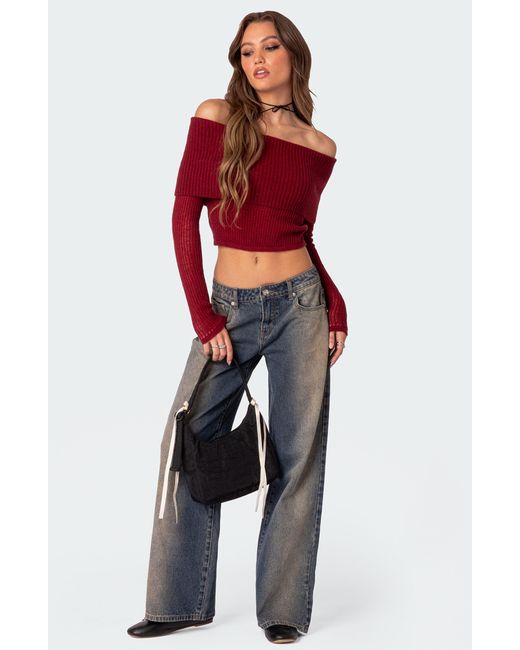 Edikted Red Lili Rib Off The Shoulder Crop Sweater