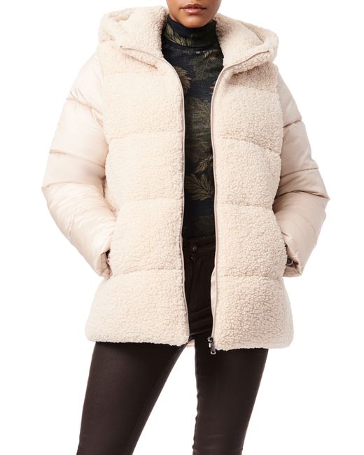 Bernardo Mixed Media Quilted Hooded Puffer Jacket in Natural Lyst