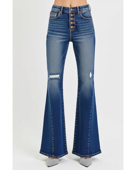Modenaire Blue High Rise Flare Jeans With Button Fly And Distressed Detail
