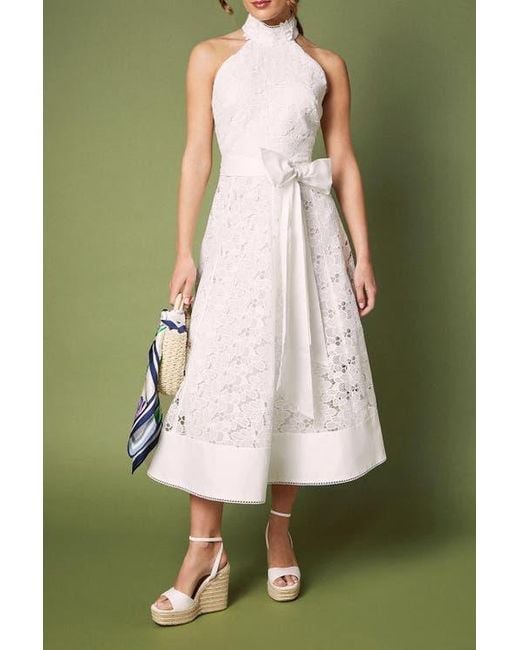 Coast Halterneck Belted Lace Midi Dress in White | Lyst
