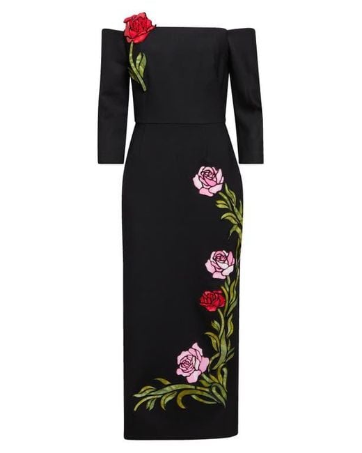 Oscar de la Renta Black Mosaic Rose Embroidered Off The Shoulder Midi Dress
