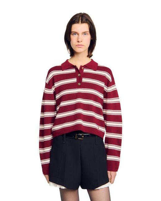 Sandro Red Wool Striped Polo Sweater