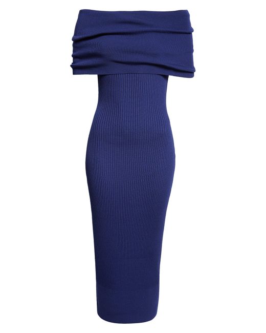 Alexander McQueen Blue Off The Shoulder Rib Midi Dress