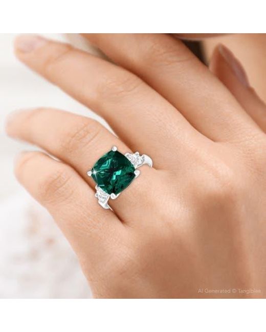 Bliss Diamond Green 7.55Ct Cushion Emerald & Marquise Three Stone Ring 14K Lab Grown