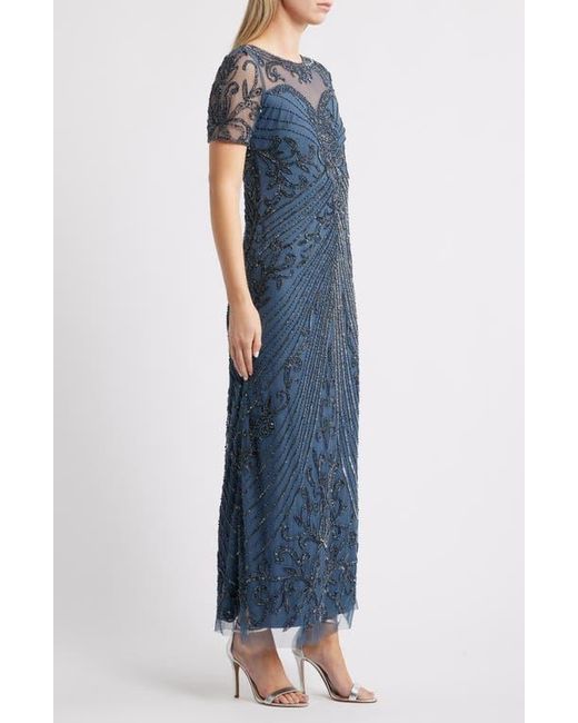 Pisarro Nights Women's Blue Illusion Beaded Mesh Column Gown