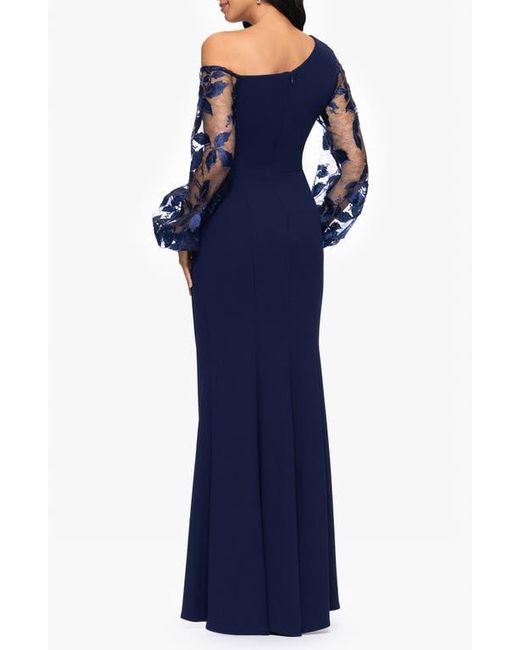 Betsy & Adam Blue One Shoulder Sheer Embroidered Long Sleeve Sheath Gown