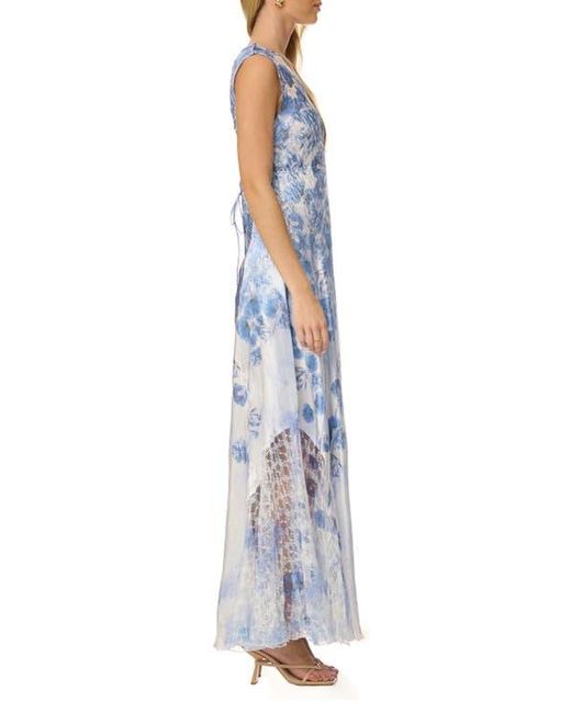 Komarov Women's Blue Floral Border Maxi With Lace Up Back - www.jkreigsman.com Komarov Women's Blue Floral Border Maxi With Lace Up Back - www.jkreigsman.com