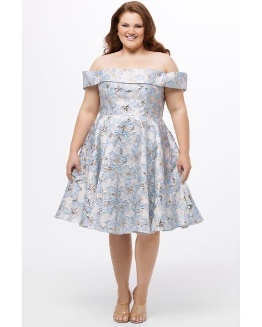 Celebrations by Sydneys Closet Blue Off-The-Shoulder Brocaade Plus Size Party Dress