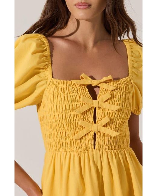 Astr Yellow Bow Detail Smock Bodice Cotton Blend Dress