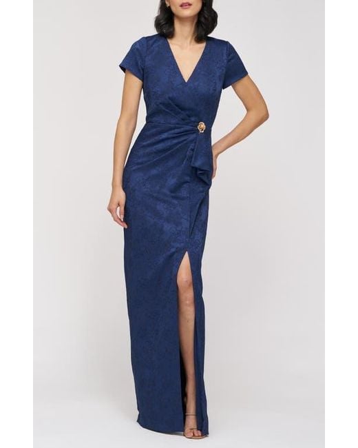 JS Collections Blue Aidy Faux Wrap Column Gown