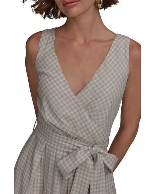 Donna Karan Brown Gingham Linen Blend Faux-Wrap Midi Dress