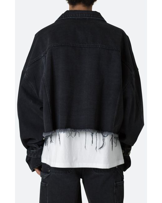 MNML Black Oversized Fray Hem Crop Denim Jacket for men