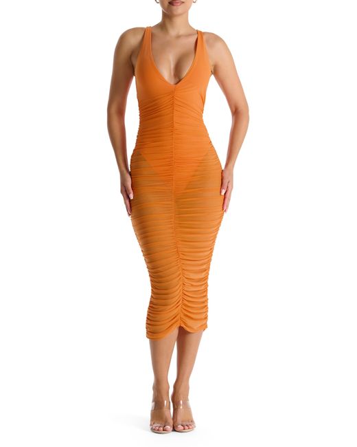 Naked Wardrobe Orange Power Mesh Ruched Midi Dress