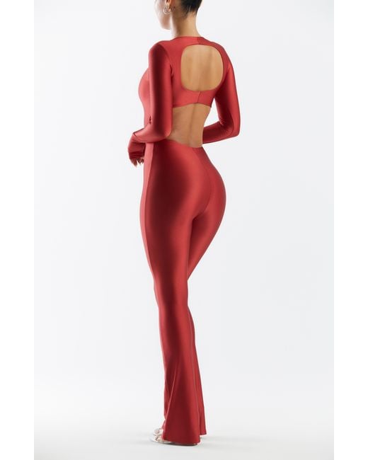 Naked Wardrobe Long Sleeve Bootcut Jumpsuit in Red