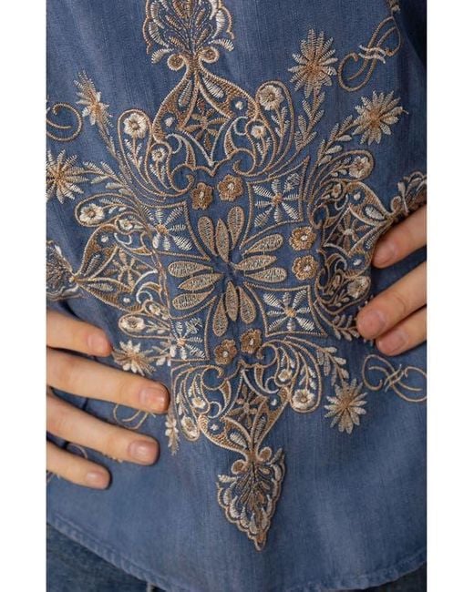 Hale Bob Blue Elliott Embroidered Chambray Top