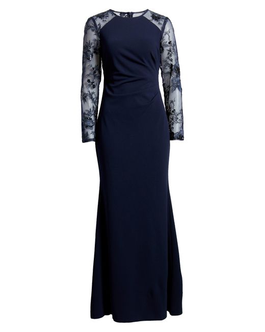 Eliza J Blue Sequin Embroidered Long Sleeve Gown