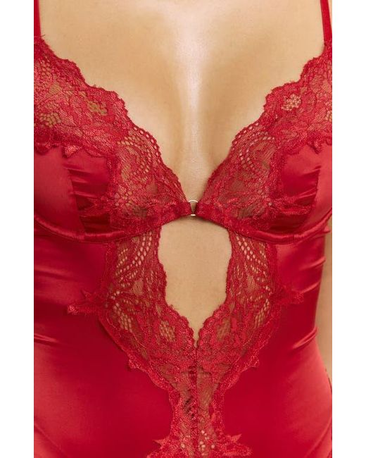 Honeydew Intimates Red Garden Of Eden Lace Trim Satin Bodysuit & Garter Set