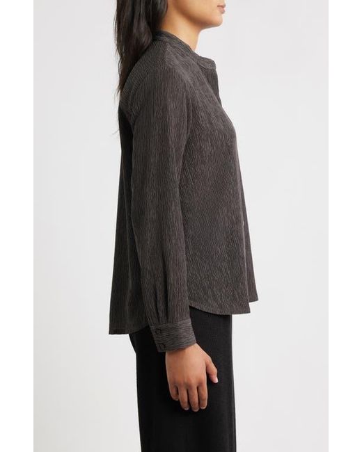 Eileen Fisher Black Crinkled Mandarin Collar Button-Up Shirt