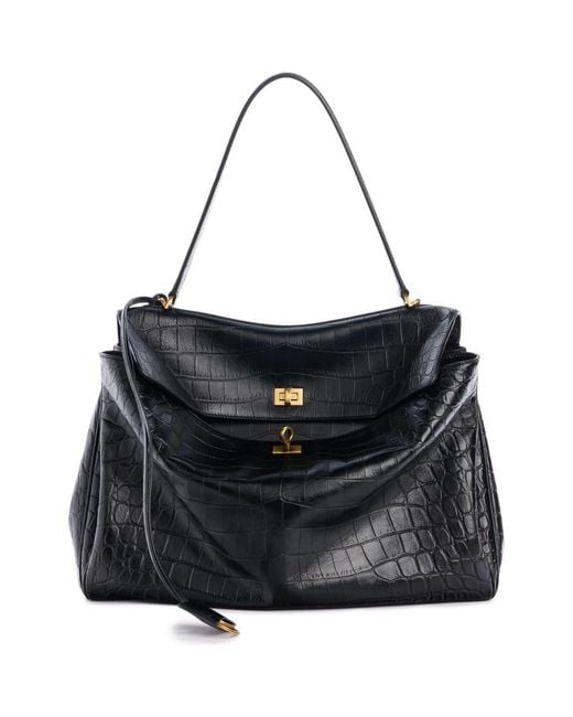 Balenciaga Black Large Rodeo Croc Embossed Leather Shoulder Bag
