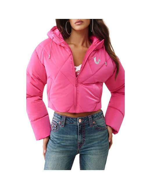 True Religion Red High Shine Hooded Crop Puffer Jacket