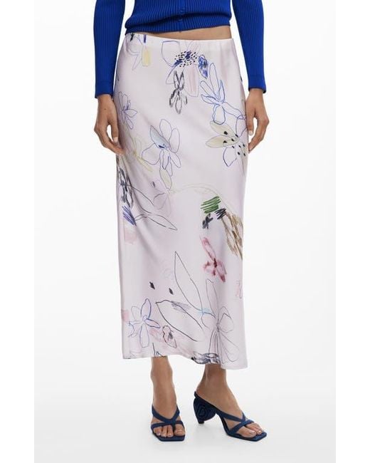 Desigual Women's Blue Floral Print Bias Cut Maxi Skirt