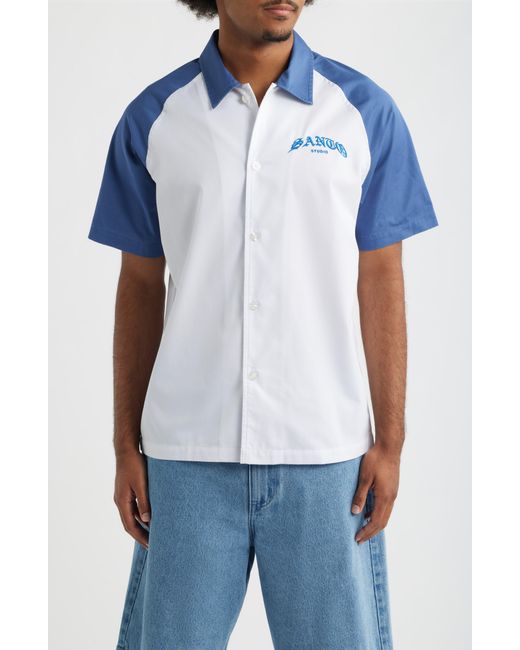 Saint Studio Blue 888 Raglan Short Sleeve Cotton Button-Up Shirt for men