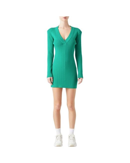 Grey Lab Green Power Shoulder Long Sleeve Knit Minidress