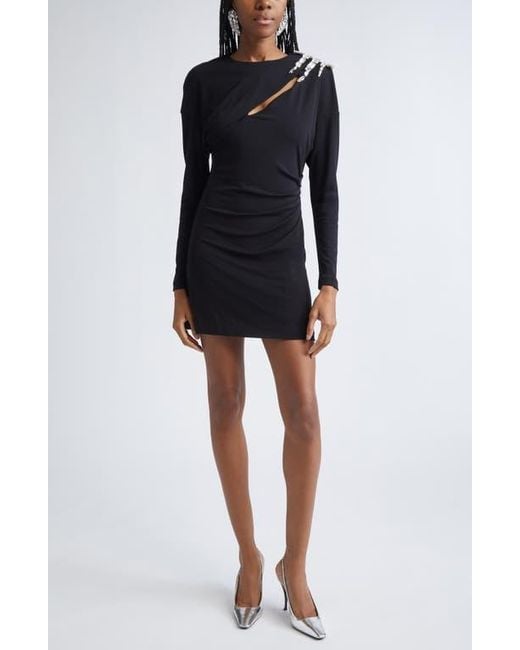 Area Black Crystal Cluster Draped Long Sleeve Jersey Minidress