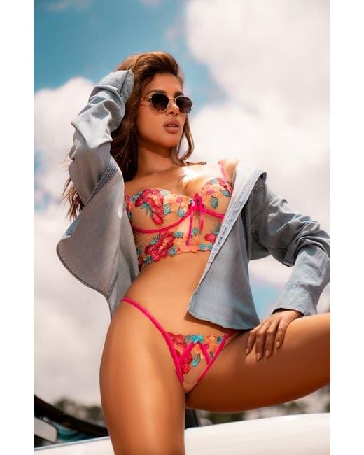 MAPALE Embroidered Mesh Lace-Up Bralette & Thong Set
