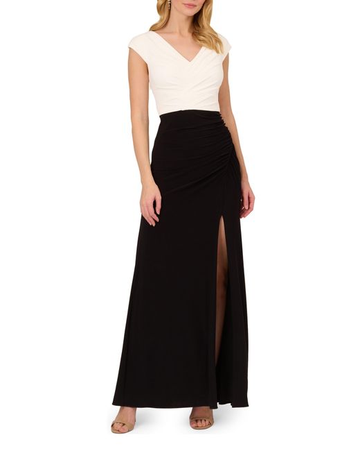 Adrianna Papell Black Pleated Cap Sleeve Gown