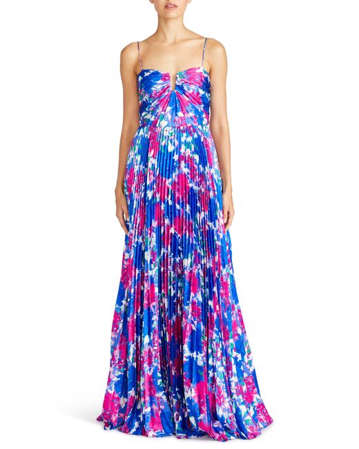 ML Monique Lhuillier Blue Evelyn Floral Pleated Satin Gown
