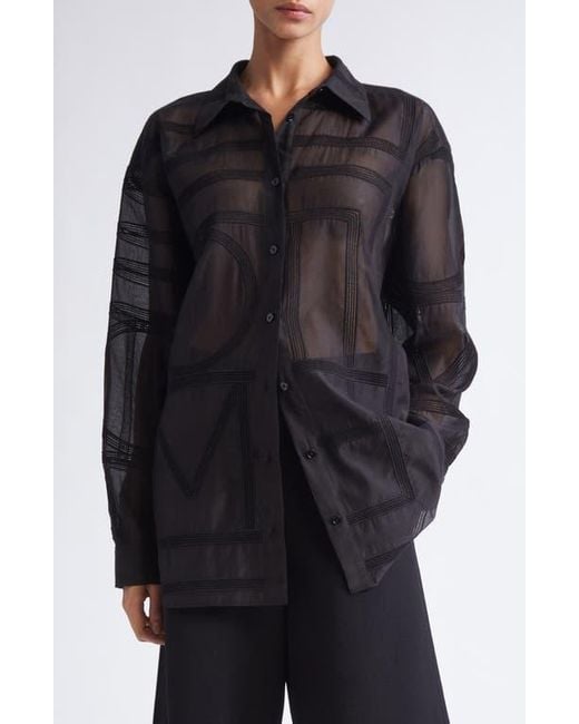 Totême  Black Embroidered Organic Cotton & Silk Monogram Oversize Button-Up Shirt