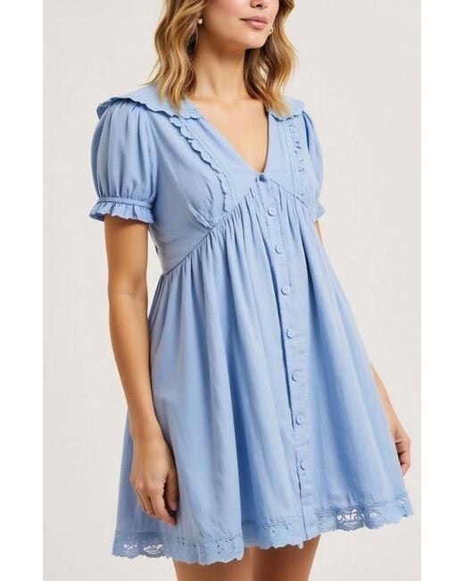 Modenaire Blue Button-Front Puff Sleeve Lace Trim Ruffle Detail Mini Dress