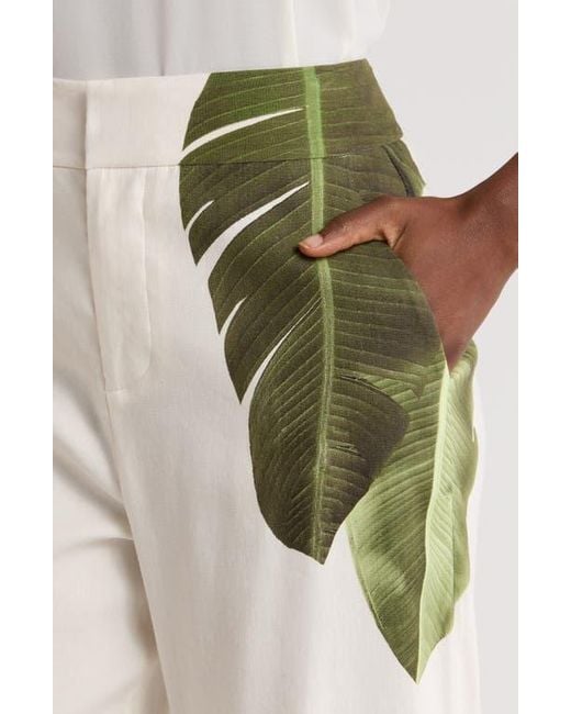 Alice + Olivia Green Dylan Placed Palm Leaf Print Wide Leg Linen Blend Pants
