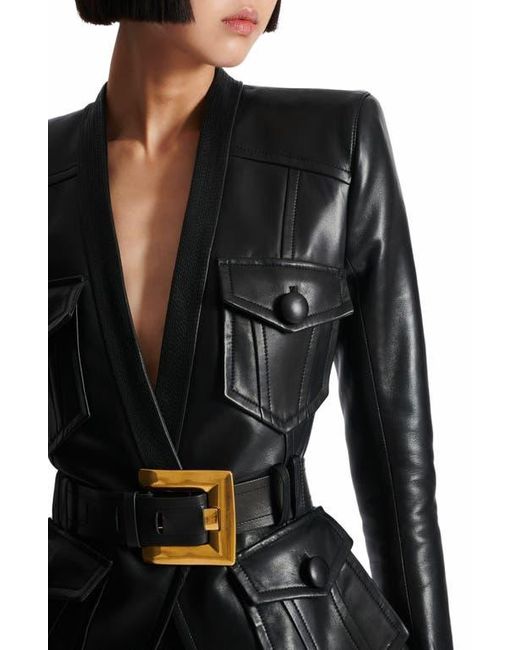 Balmain Black 1-Button Belted Leather Jacket