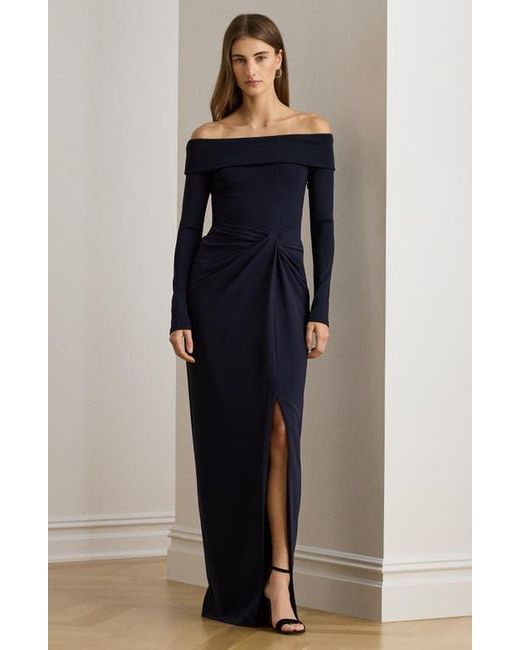 Ralph Lauren Blue Off The Shoulder Long Sleeve Rib & Crepe Gown