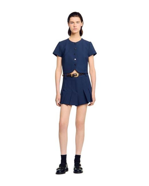 Sandro Blue Rounded Hem Buttoned Crop Top