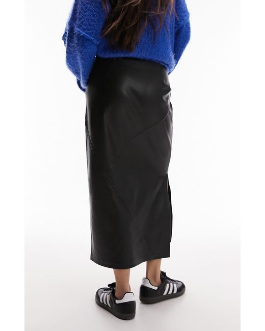TOPSHOP Black Faux Leather Midi Skirt