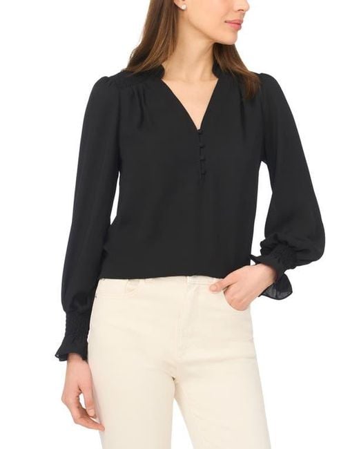 Cece Black Half Placket Smocked Accent Top