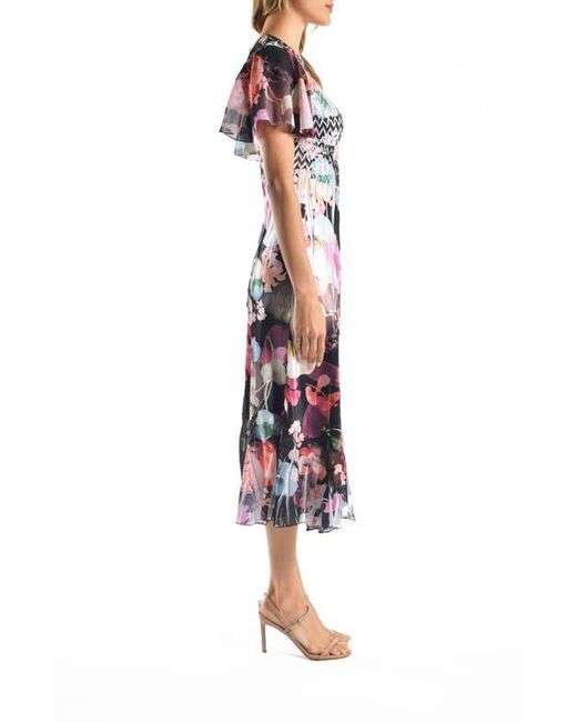 Komarov White Flutter Sleeve Charmeuse & Chiffon Midi Dress