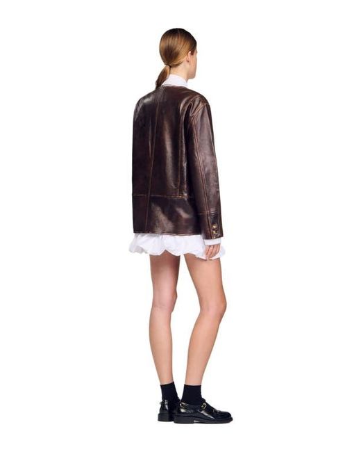 Sandro Red Long Distressed Leather Jacket