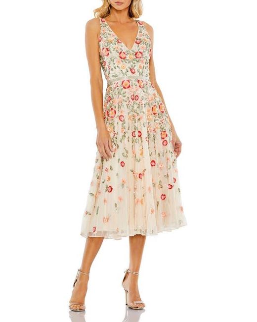 Mac Duggal Natural V-Neck Sleeveless Midi Floral Beaded A-Line Dress