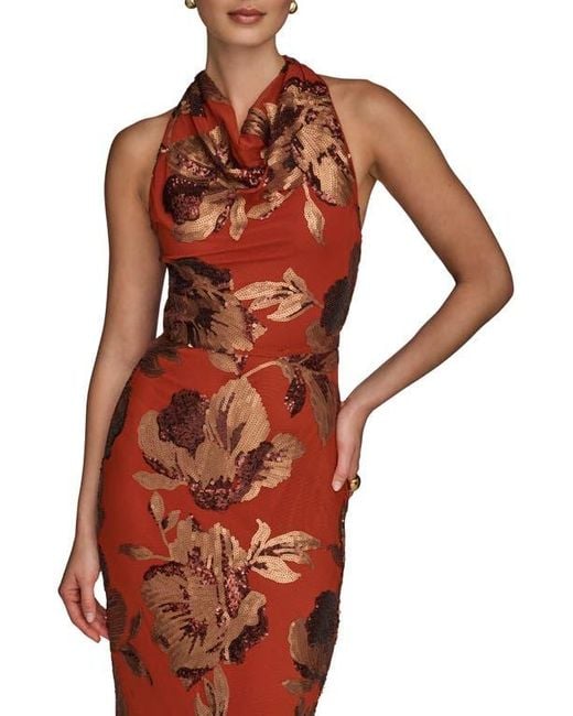 Donna Karan Orange Sequin Floral Body-Con Gown