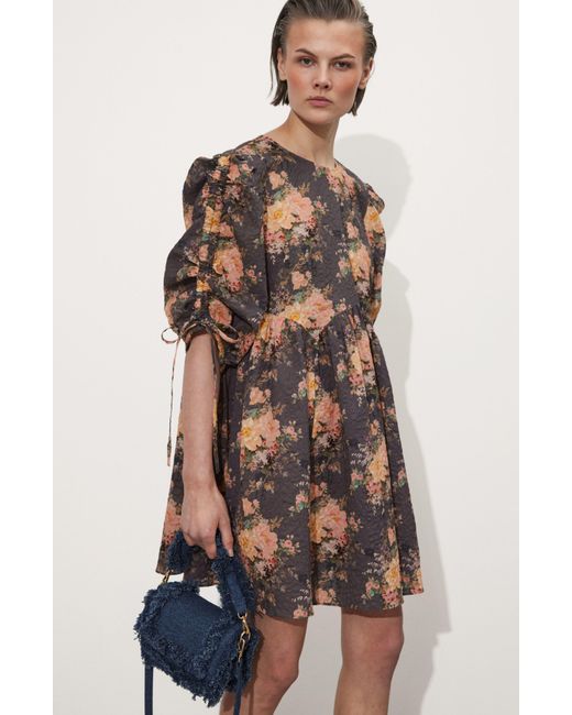 & Other Stories Brown & Floral Puff Sleeve Shift Minidress