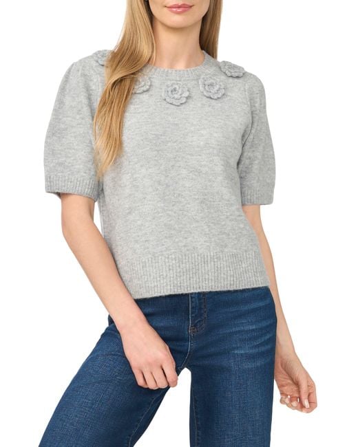 Cece Gray Rosette Short Sleeve Sweater