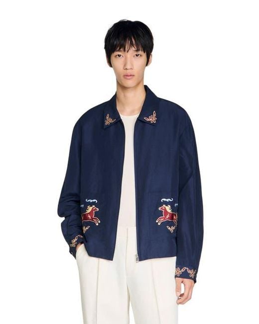 Sandro Blue Embroidered Wing Collar Jacket for men