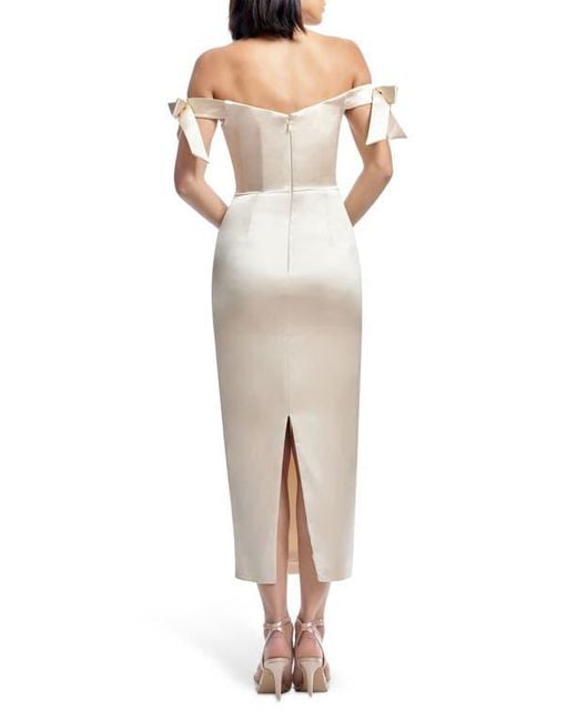 Dress the Population Natural Verona Off The Shoulder Satin Midi Cocktail Dress